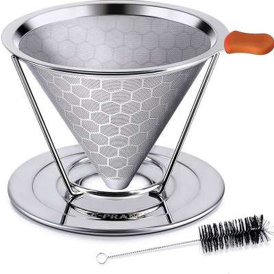 Paperless Permanent Coffee Strainer / Metal Cone Coffee Mesh Filters for 1-4 Cup with Cleaning Brush